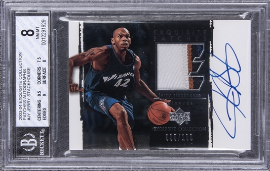 2003-04 UD "Exquisite Collection" Patches Autographs #JY Jerry Stackhouse Signed Game Used Patch Card (#035/100) – BGS NM-MT 8/BGS 10